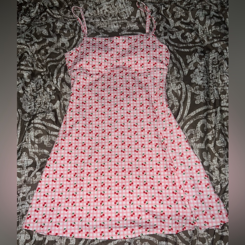 Strappy Pink Backless Cherry Pattern Mini Dress with built in shorts